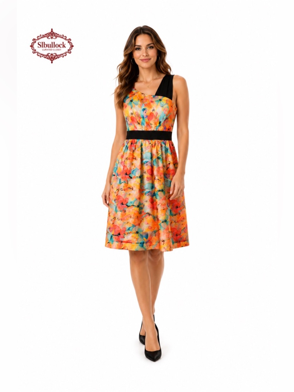 Boutique Floral Midi Dress with Black Waistband